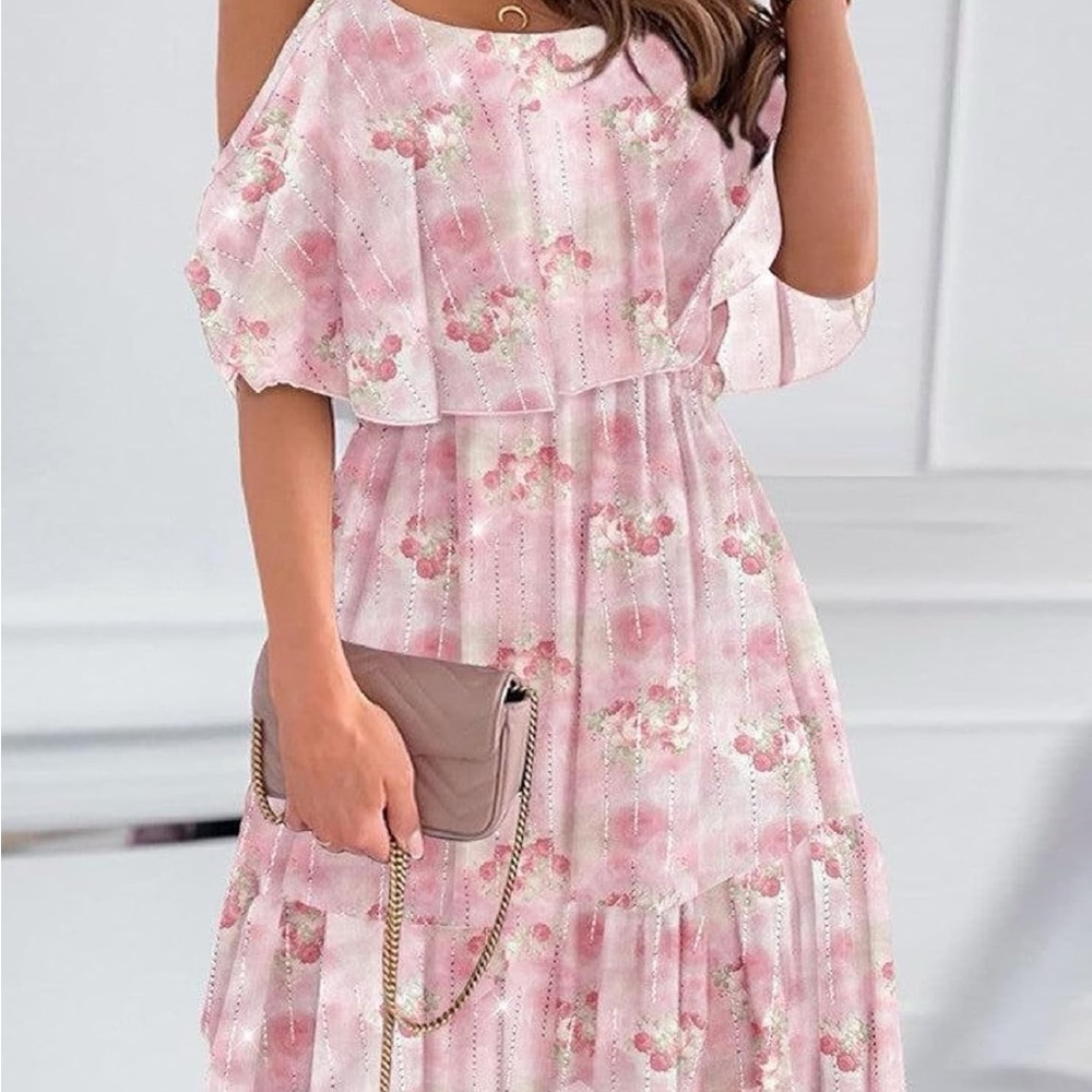 NWOT, never worn. Floral Pink Cold Shoulder Dress